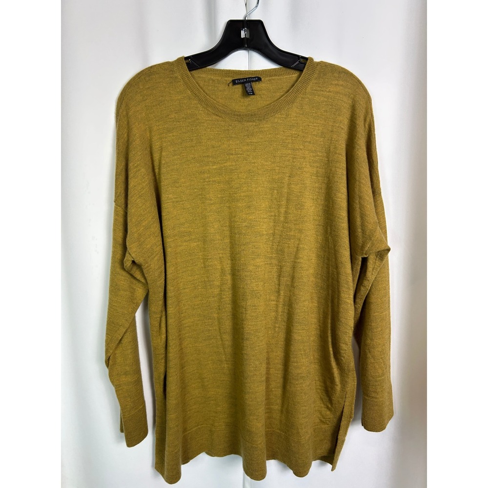 Eileen Fisher Mustard Yellow Solid Merino Wool Sweater Side Slit Minimalist L